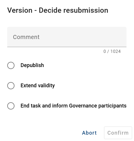 The screenshot shows the window of the task "resubmission" with the options "Depublish", "Extend validity" and "End task and inform Governance participants".