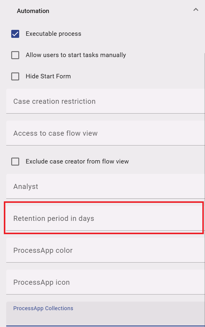 The screenshot shows the attribute group "Automation", where the attribute "Retention period" can be maintained.