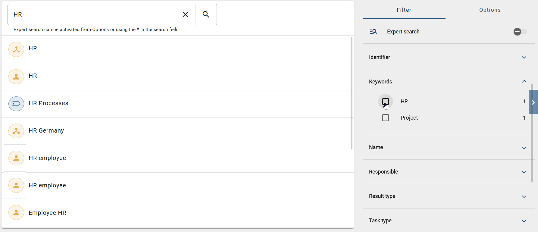 The screenshot shows the results of the global search and the filter is activated.