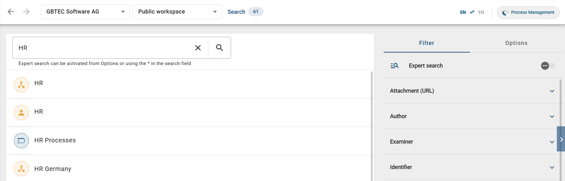 The screenshot shows the results of the global search.