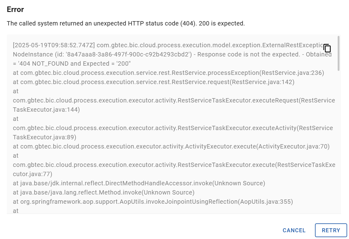 This screenshot shows the message concerning the failed service call. It includes the "Retry" button.