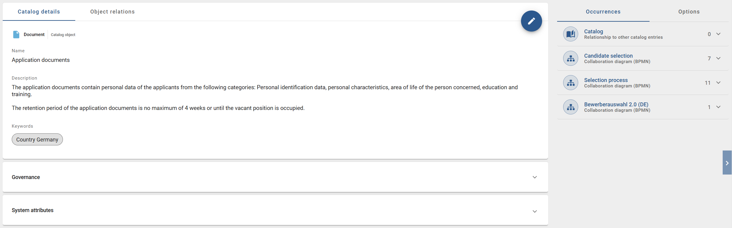 This screenshot shows the occurrences of a catalog item within the right sidebar of an item's details.