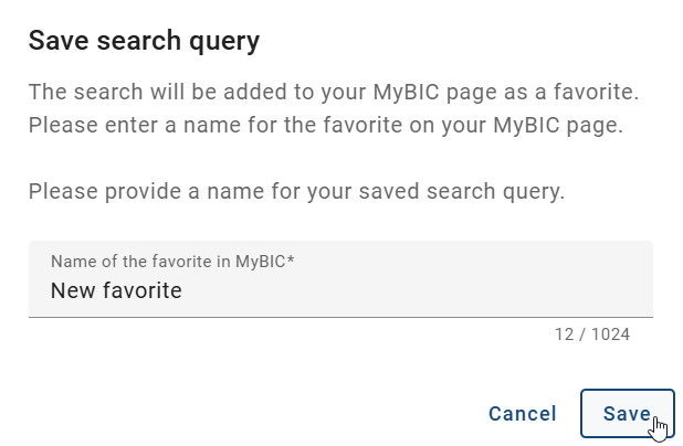 This screenshot shows the dialog window to name the search favorite.