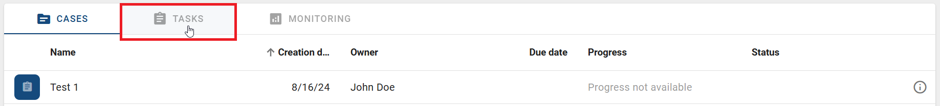 The screenshot shows the "Tasks" tab in the task list of a ProcessApp.