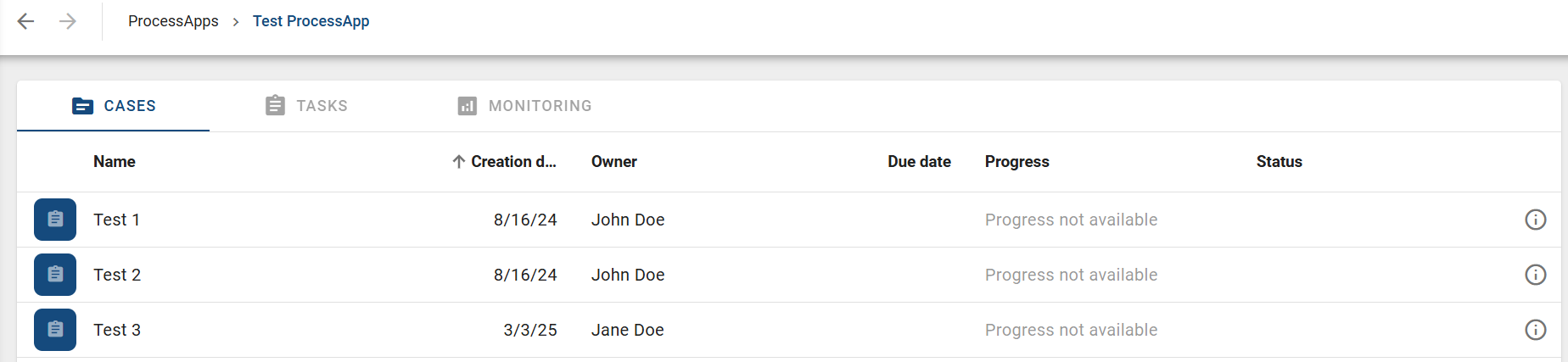 As an example this screenshot shows the case list of a process.